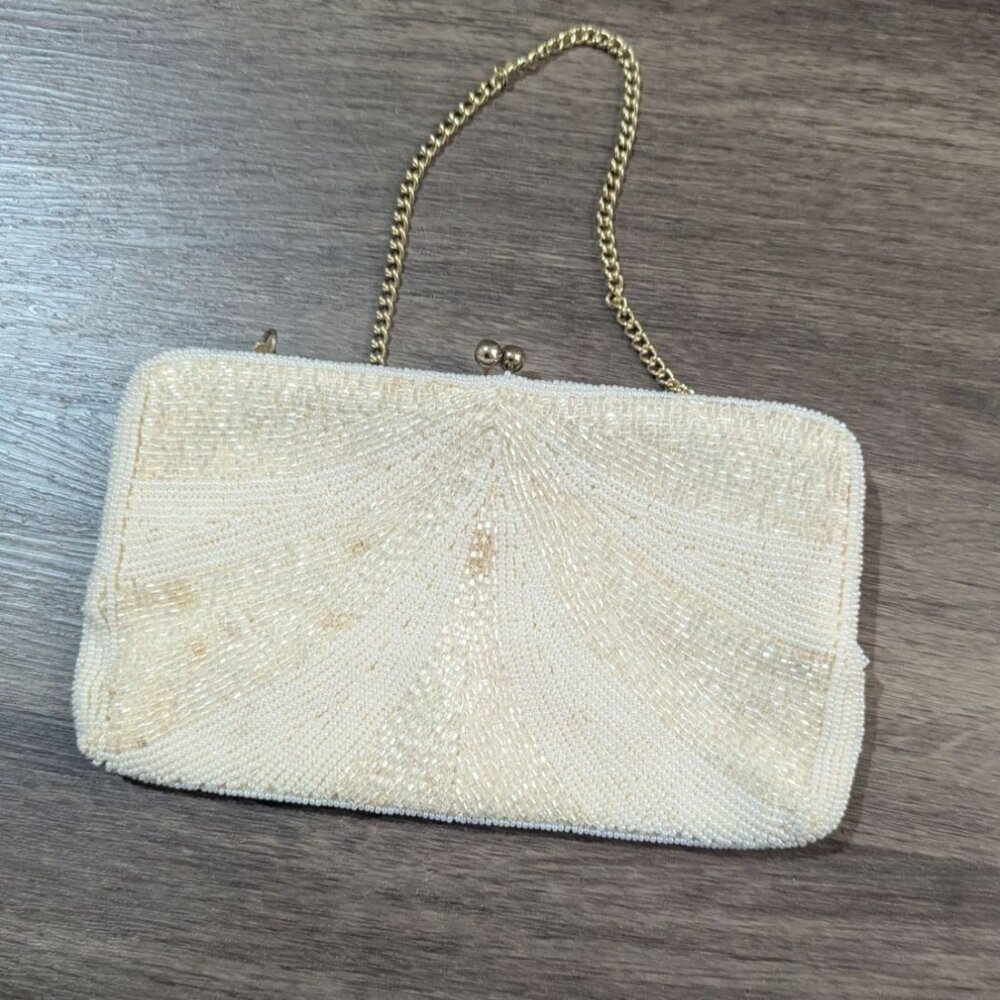 Vintage‎ Walborg Beaded cream Evening Bag Purse Made In Japan Gold Chain strap - Picture 2 of 8